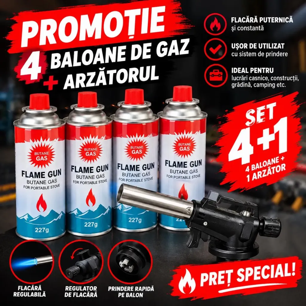 [Cod 44886] Arzator pe gaz cu aprindere piezo G-08 + 4 cartuse de gaz cu conexiune rapida 220 g BAU WELT