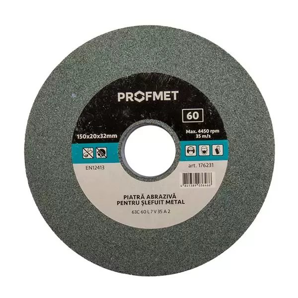 176231 Piatra abraziva 150x20x32mm p/u slefuit metal, pentru polizor de banc, 63C 60 L 7 V 35 A 2, verde Profmet