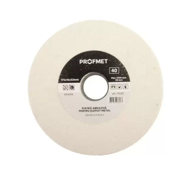 176241 Piatra abraziva 175x16x32mm p/u slefuit metal, pentru polizor de banc, 25А 40 L 6 V 50 А 2, alba Profmet
