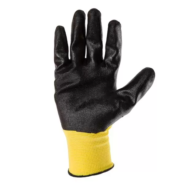 Manusi din poliester galbene, acoperire nitril negru turnare incompleta, manseta tricotata 10 "(L)