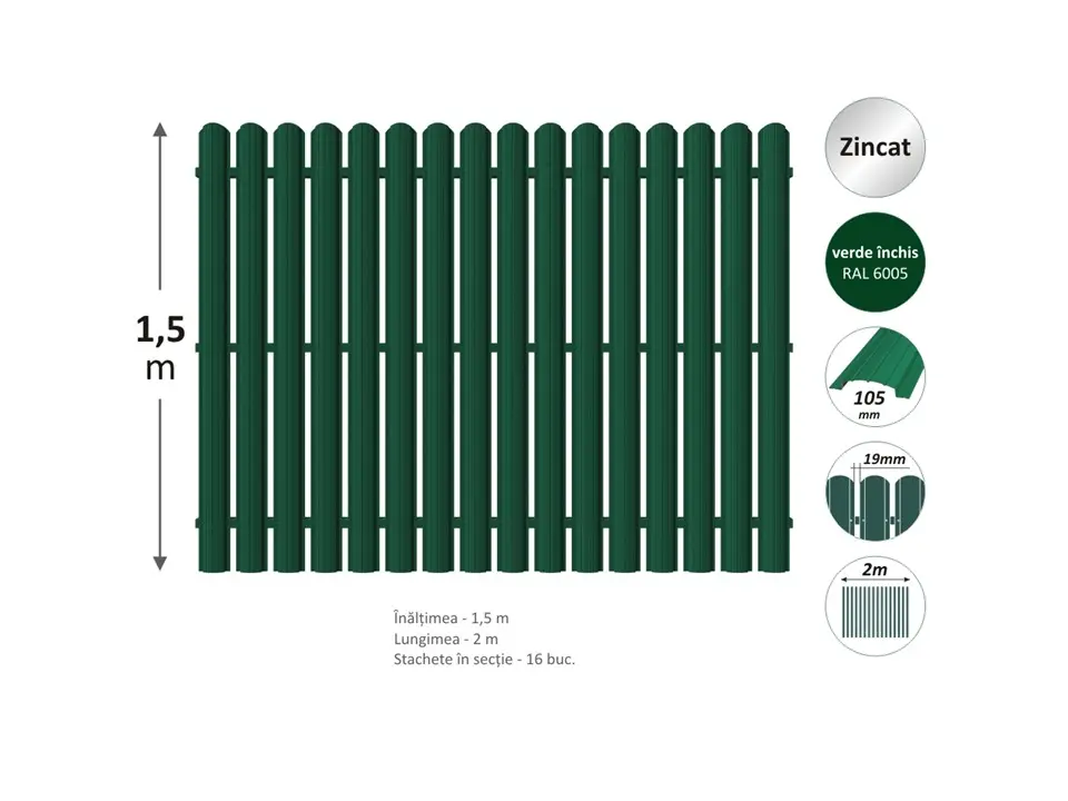 Gard vopsit Н-1.5м L-2.0м (20st) din ştachet metalic 