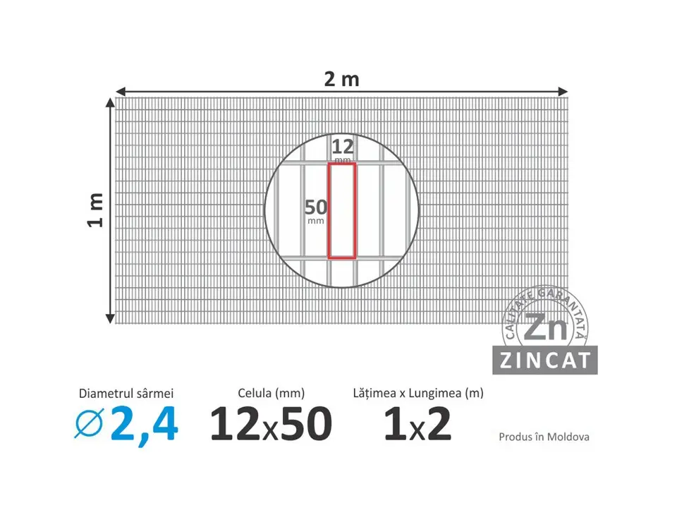 Plasă-foi 12х50mm, d-2,4mm, 1х2m,sudată zincată