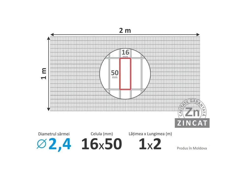 Plasă-foi 16х50mm, d-2,4mm, 1х2m, sudată zincată 