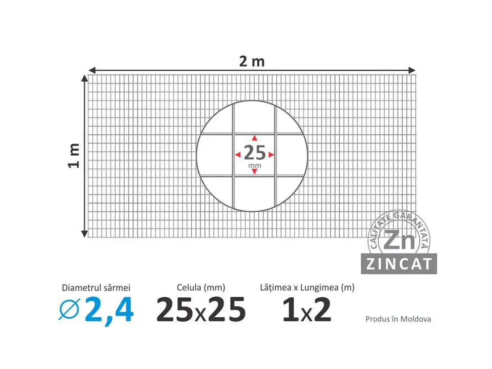 Plasă-foi 25х25mm, d-2,4mm, 1х2m, sudată zincată 