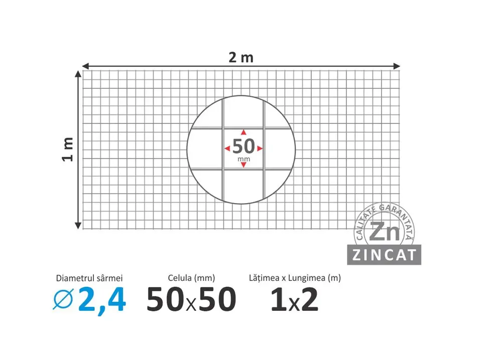 Plasă-foi 50х50mm, d-2,4mm, 1х2m, sudată zincată 