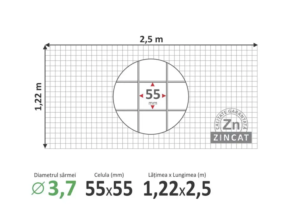 Plasă GABION 50х50mm, d-3,7mm, 1,485х2,035m, sudată zincată 