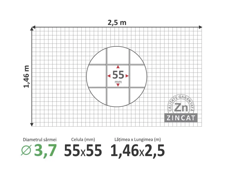 Plasă GABION 55х55mm, d-3,7mm, 1,46х2,5m, sudată zincată 
