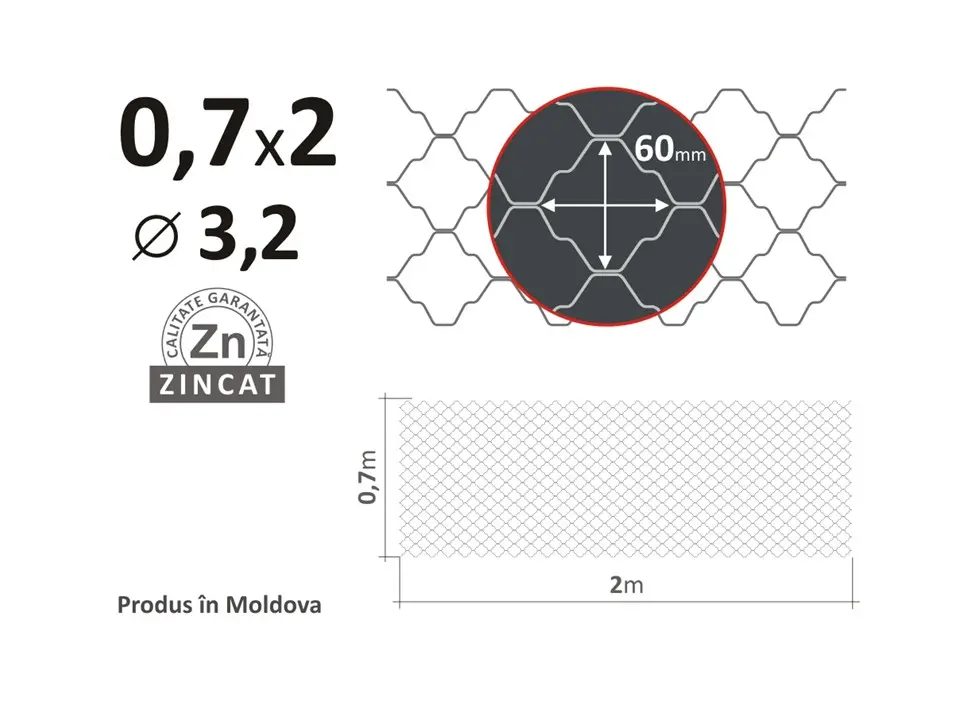 Plasă 60x60mm D-3,2mm, 0,7х2m, decorativă zincată 