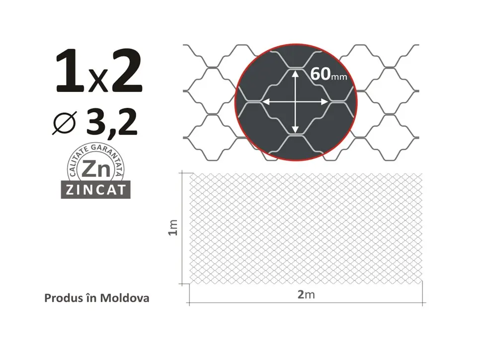 Plasă 60x60mm D-3,2mm, 1х2m, decorativă zincată 