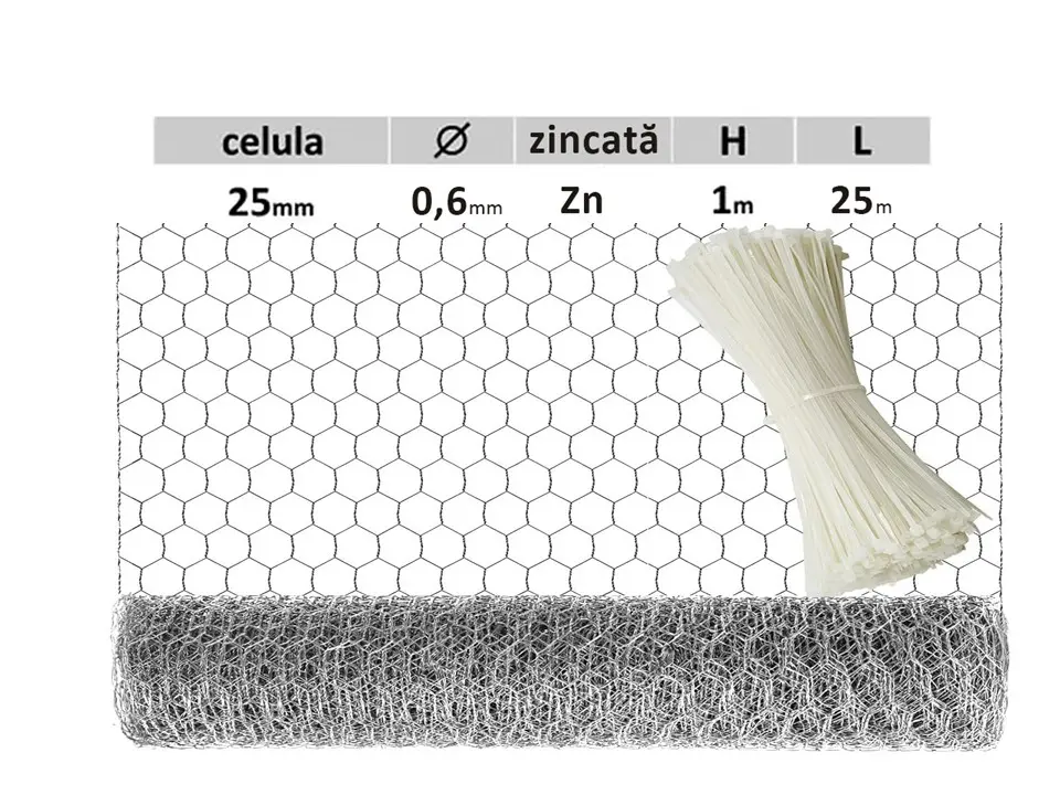 Plasă hexagonală Zn 25х25mm D-0,6mm B-1m L-25m S-25m2