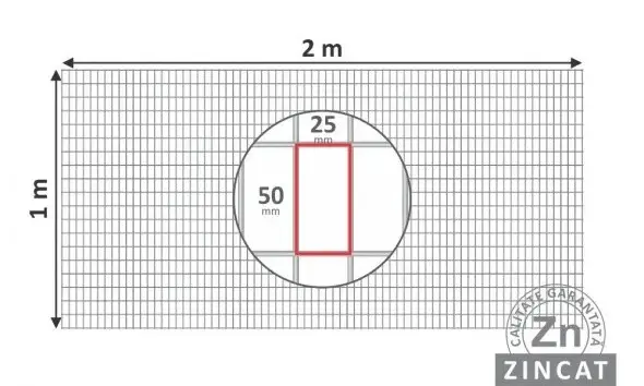 Plasă-foi 25х50mm, d-2,4mm, 1х2m, sudată zincată 