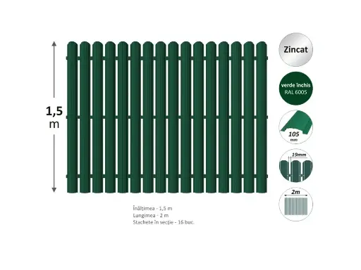 Gard vopsit Н-1.5м L-2.0м (20st) din ştachet metalic 