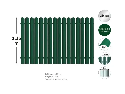 Gard vopsit Н-1.25м L-2.0м (20st)din ştachet metalic 