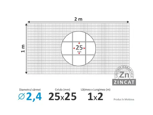 [Cod 25252412PF] Plasă-foi 25х25mm, d-2,4mm, 1х2m, sudată zincată 