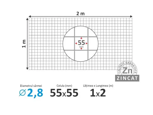 Plasă sudată zincată 55х55mm d-2,8mm 1х2m
