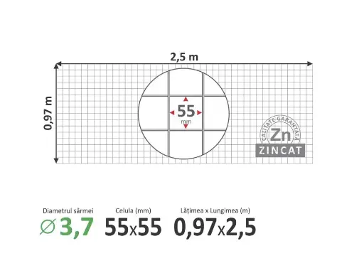 Plasă sudată zincată 55х55mm d-3,7mm 0,97х2,5m