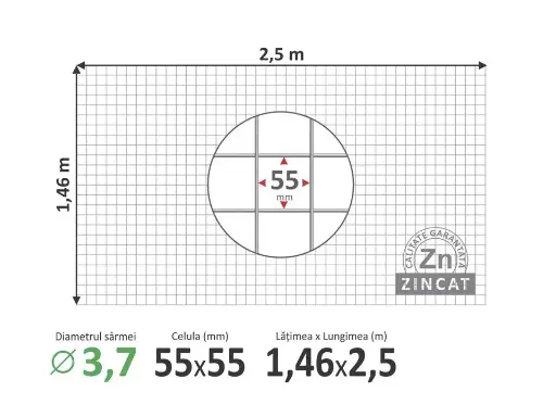 [Cod 55553714625PG] Plasă GABION 55х55mm, d-3,7mm, 1,46х2,5m, sudată zincată 