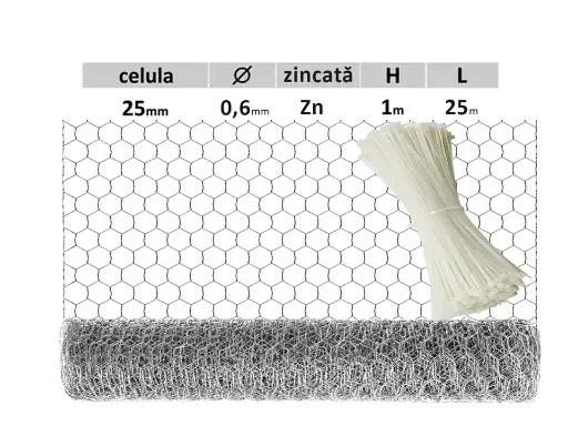 Plasă hexagonală Zn 25х25mm D-0,6mm B-1m L-25m S-25m2