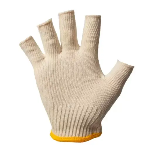 [Cod 95937] Manusi din bumbac si poliester albe cu manseta galbena tricotata, manusi fara degete 8" (M)