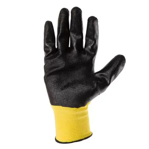 [Cod 88106] Manusi din poliester galbene, acoperire nitril negru turnare incompleta, manseta tricotata 10 "(L)