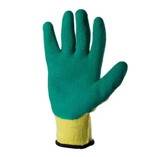 373302 Manusi din poliester si bumbac galbene, acoperire spuma verde de latex turnare incompleta, manseta tricotata 10 (L) Profmet