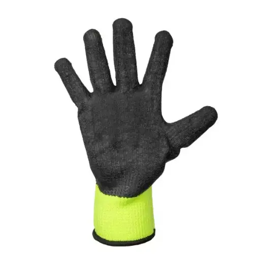 [Cod 88243] Manusi din poliester galben neon, acoperire spuma neagra de latex turnare incompleta, manseta tricotata 10 "(L)