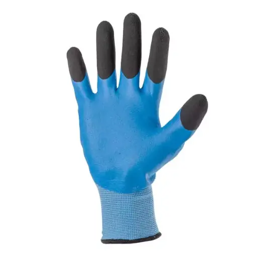 [Cod 88281] Manusi din poliester albastre, acoperire spuma albastru cu neagru de latex cu degete intarite turnare incompleta, manseta tricotata 10 (L)